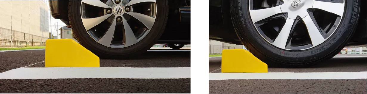 タイヤの手前に設置されたPLASTOP PD100の使用イメージ写真2点